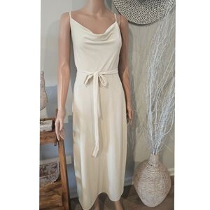 Adelyn Rae Zena Cream Velvet Cowl Neck Waist Tie Slip Maxi Dress